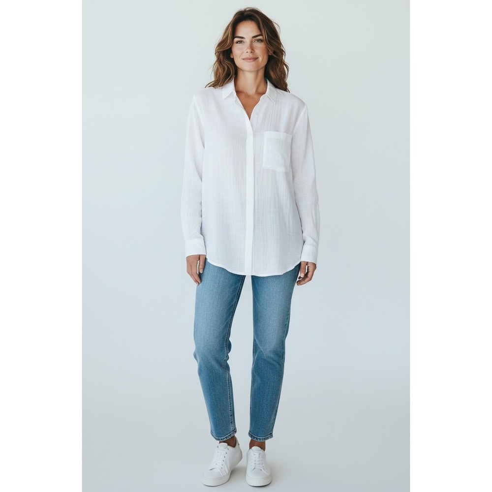 Sag Harbor Womens XL White 100% Linen Button Down Roll Tab Sleeve Shirt Pocket